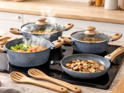 Jogo de Panelas 8 Peças Cabo Madeira Antiaderente